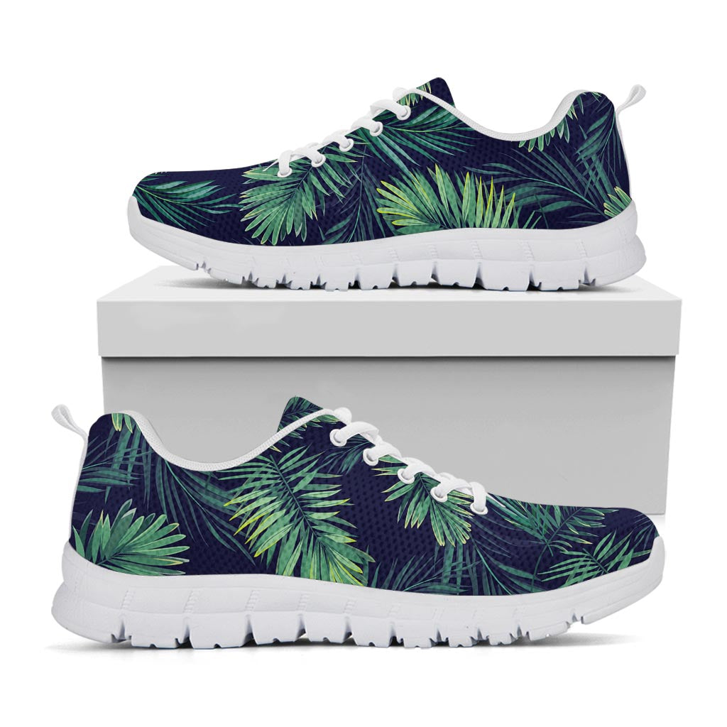 Dark Tropical Palm Leaf Pattern Print White Running Shoes