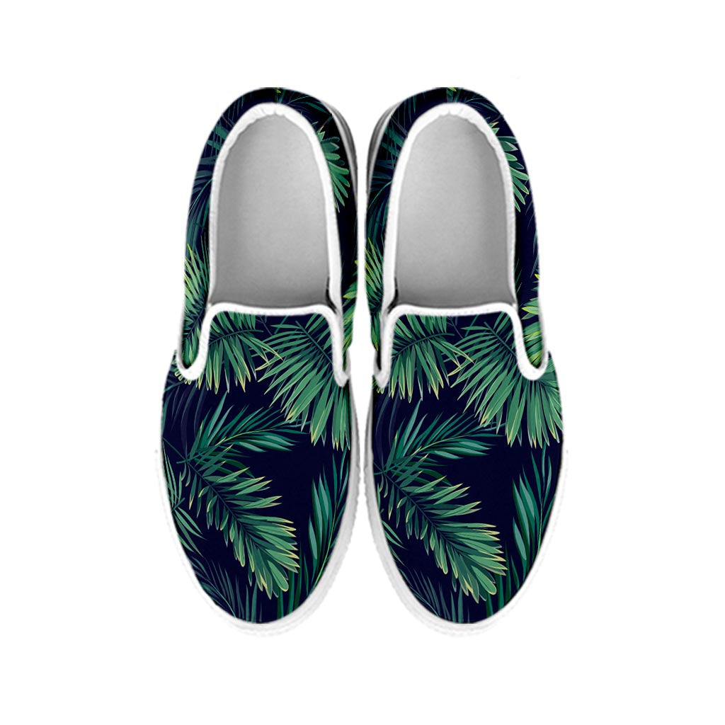 Dark Tropical Palm Leaf Pattern Print White Slip On Sneakers