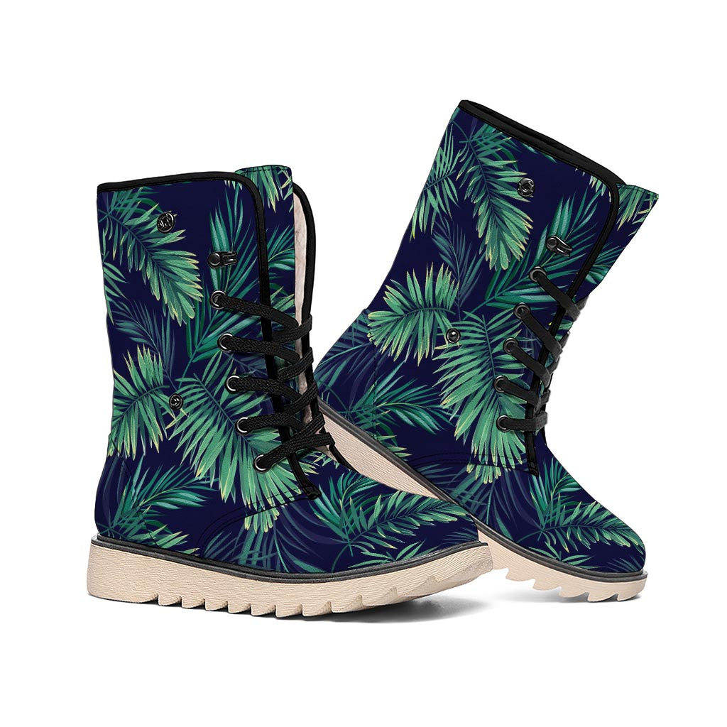 Dark Tropical Palm Leaf Pattern Print Winter Boots