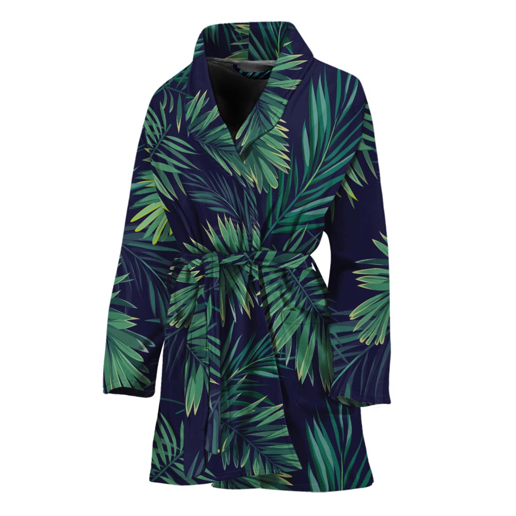 Dark Tropical Palm Leaf Pattern Print Women's Bathrobe