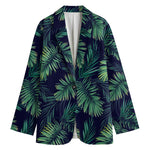 Dark Tropical Palm Leaf Pattern Print Women's Cotton Blazer