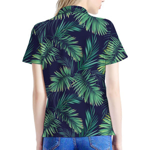 Dark Tropical Palm Leaf Pattern Print Women's Polo Shirt