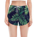 Dark Tropical Palm Leaf Pattern Print Women's Split Running Shorts