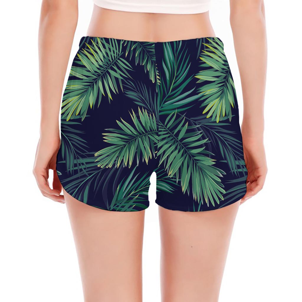 Dark Tropical Palm Leaf Pattern Print Women's Split Running Shorts