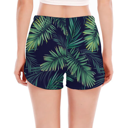 Dark Tropical Palm Leaf Pattern Print Women's Split Running Shorts