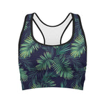 Dark Tropical Palm Leaf Pattern Print Women's Sports Bra