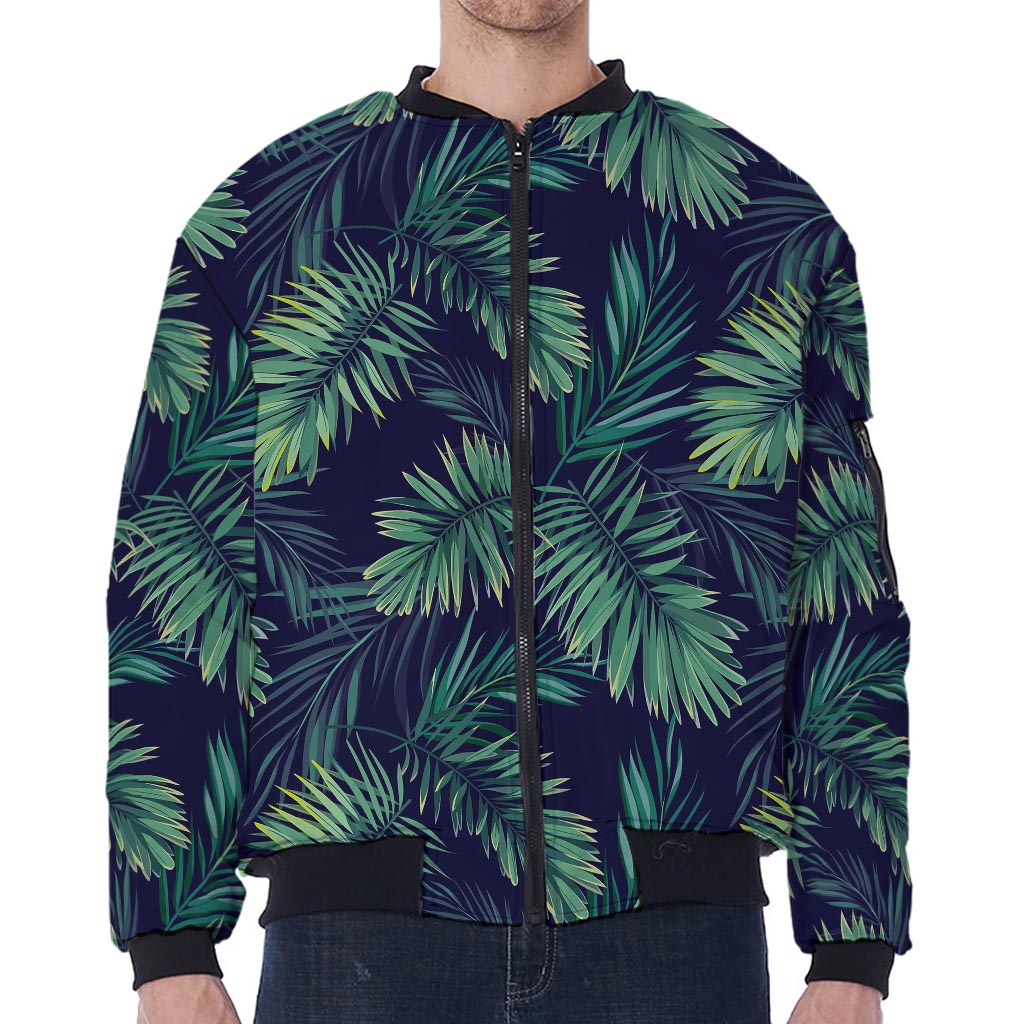 Dark Tropical Palm Leaf Pattern Print Zip Sleeve Bomber Jacket