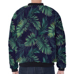 Dark Tropical Palm Leaf Pattern Print Zip Sleeve Bomber Jacket