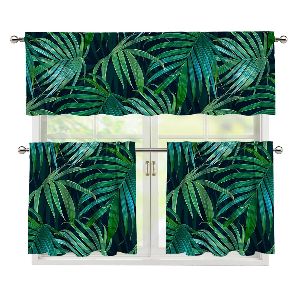 Dark Tropical Palm Leaves Pattern Print 3 Piece Kitchen Curtains