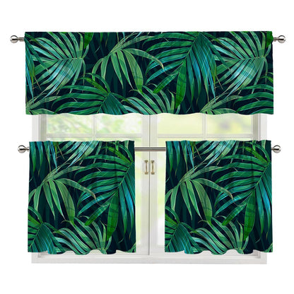 Dark Tropical Palm Leaves Pattern Print 3 Piece Kitchen Curtains