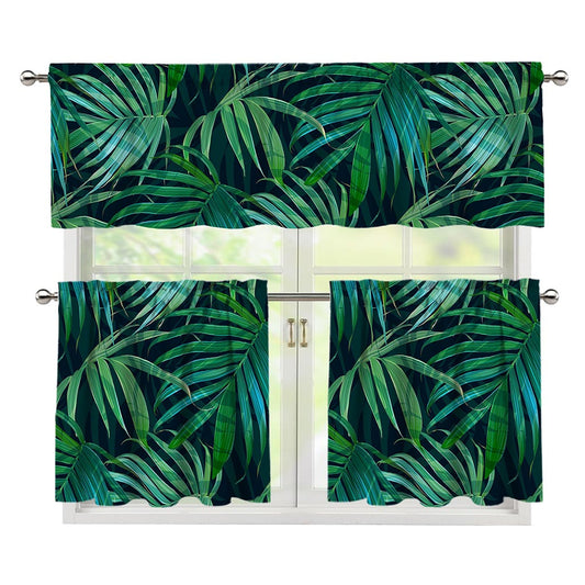 Dark Tropical Palm Leaves Pattern Print 3 Piece Kitchen Curtains