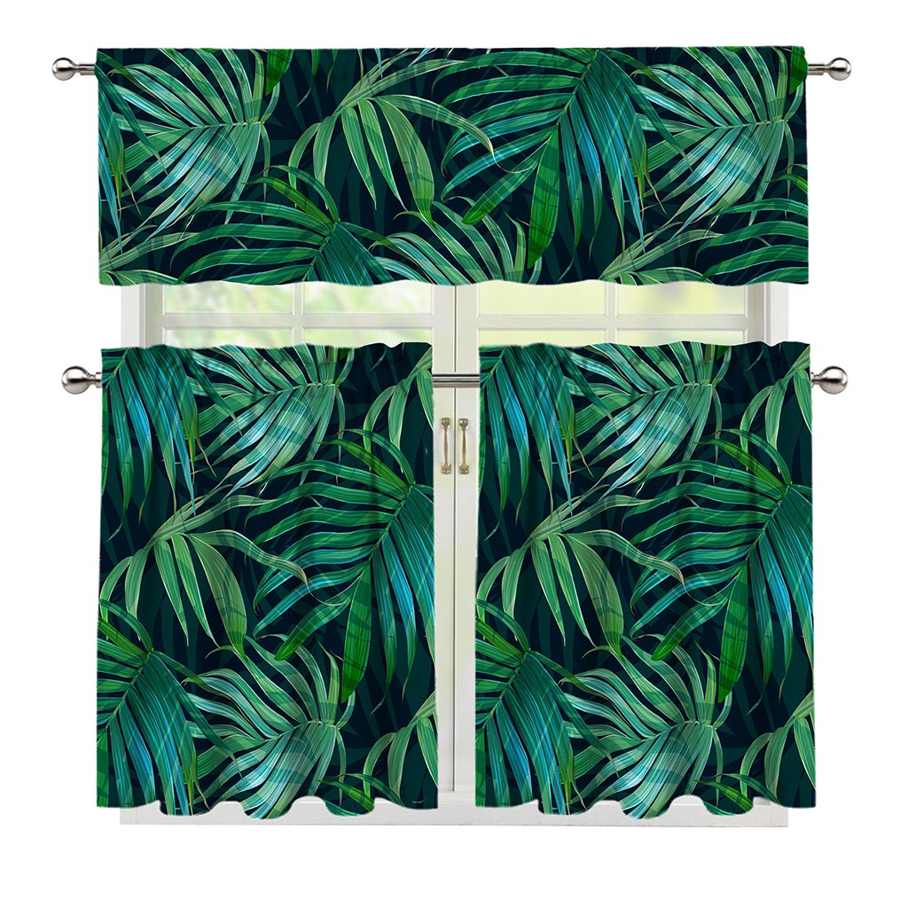 Dark Tropical Palm Leaves Pattern Print 3 Piece Kitchen Curtains
