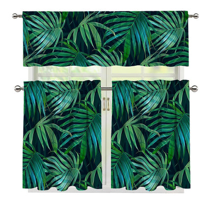 Dark Tropical Palm Leaves Pattern Print 3 Piece Kitchen Curtains