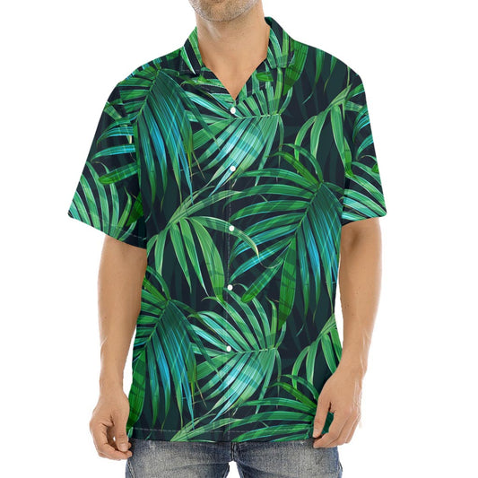 Dark Tropical Palm Leaves Pattern Print Aloha Shirt