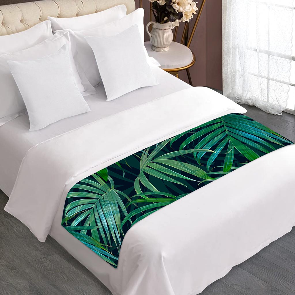 Dark Tropical Palm Leaves Pattern Print Bed Runner