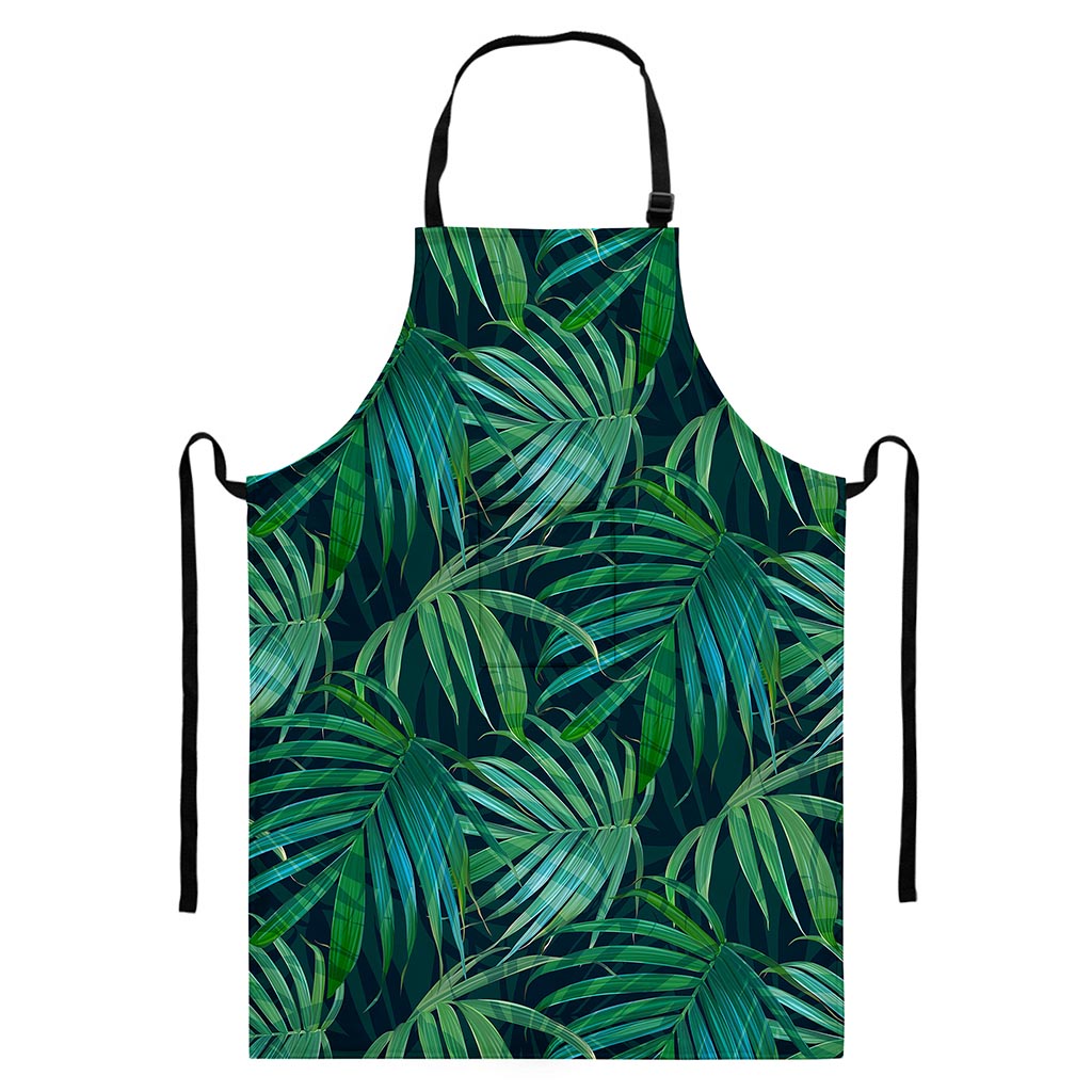Dark Tropical Palm Leaves Pattern Print Bib Apron With Pocket