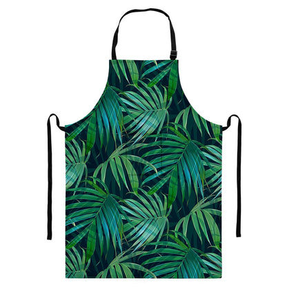 Dark Tropical Palm Leaves Pattern Print Bib Apron With Pocket