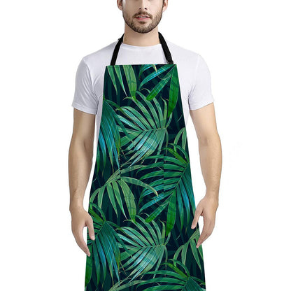 Dark Tropical Palm Leaves Pattern Print Bib Apron With Pocket