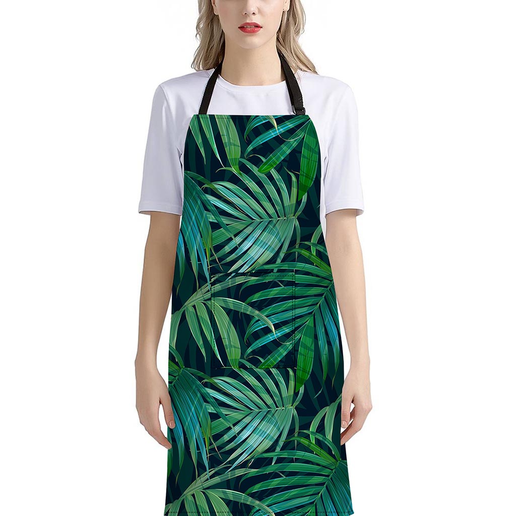 Dark Tropical Palm Leaves Pattern Print Bib Apron With Pocket