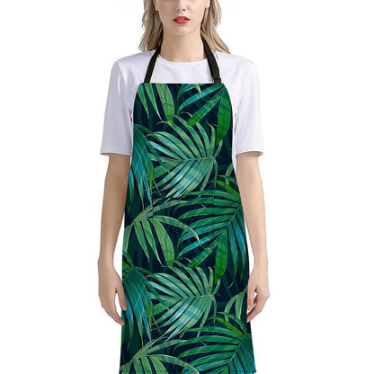 Dark Tropical Palm Leaves Pattern Print Bib Apron With Pocket