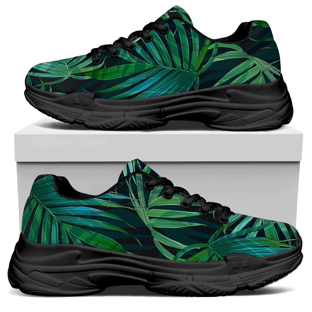 Dark Tropical Palm Leaves Pattern Print Black Chunky Shoes