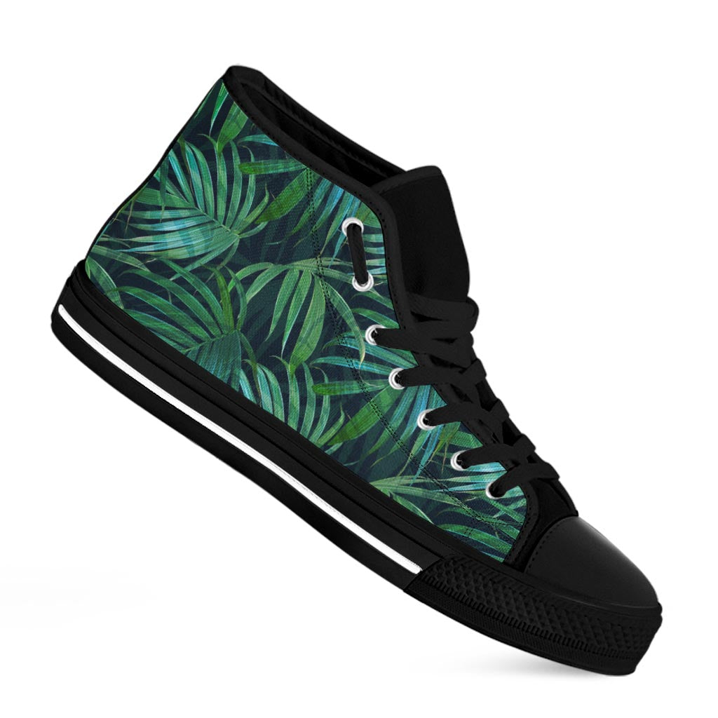 Dark Tropical Palm Leaves Pattern Print Black High Top Sneakers
