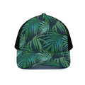 Dark Tropical Palm Leaves Pattern Print Black Mesh Trucker Hat