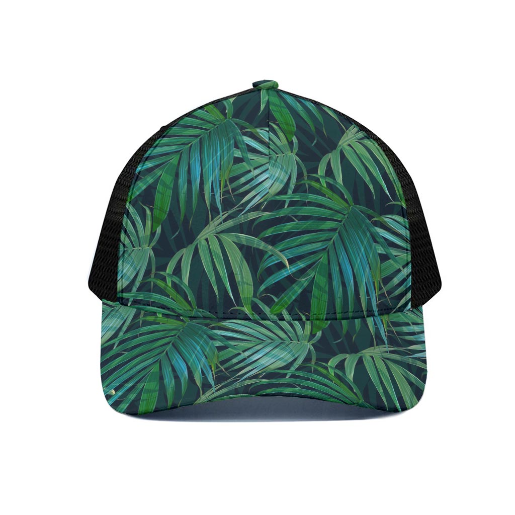 Dark Tropical Palm Leaves Pattern Print Black Mesh Trucker Cap