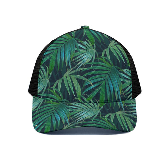 Dark Tropical Palm Leaves Pattern Print Black Mesh Trucker Cap