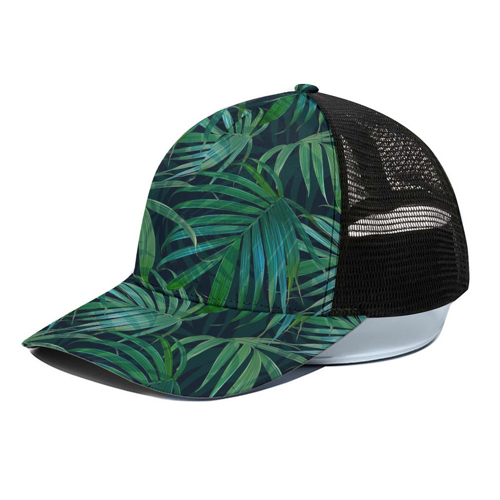 Dark Tropical Palm Leaves Pattern Print Black Mesh Trucker Cap
