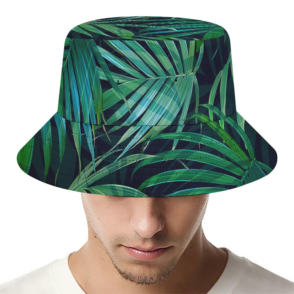 Dark Tropical Palm Leaves Pattern Print Bucket Hat