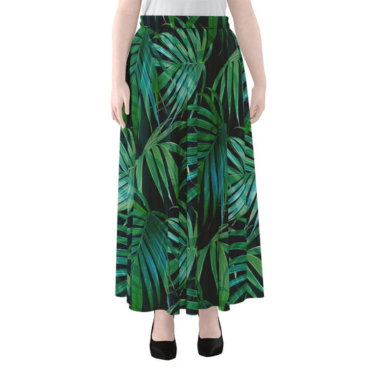 Dark Tropical Palm Leaves Pattern Print Chiffon Maxi Skirt