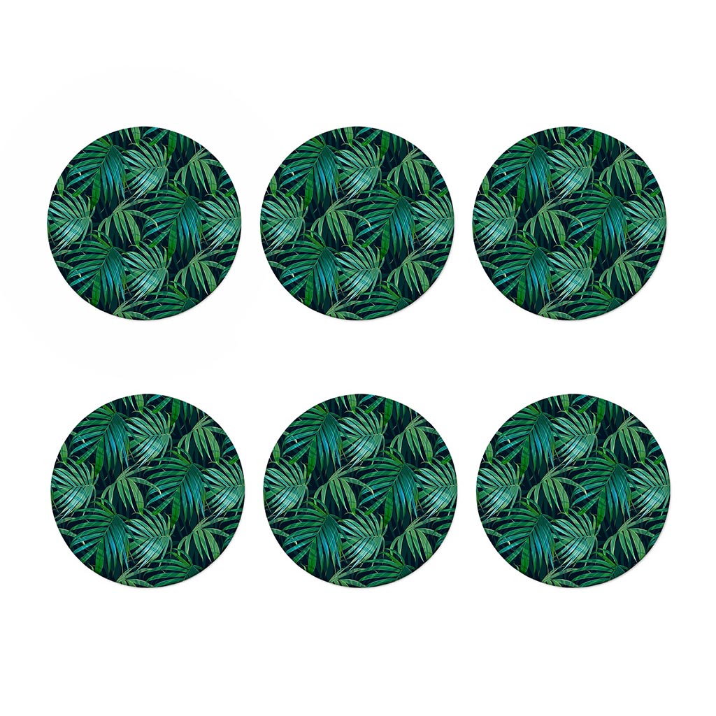 Dark Tropical Palm Leaves Pattern Print Coaster Set