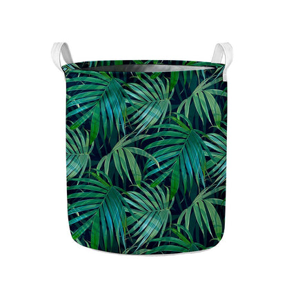 Dark Tropical Palm Leaves Pattern Print Collapsible Laundry Basket