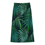 Dark Tropical Palm Leaves Pattern Print Cotton Front Slit Maxi Skirt