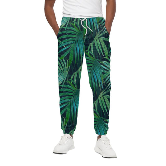 Dark Tropical Palm Leaves Pattern Print Cotton Pants