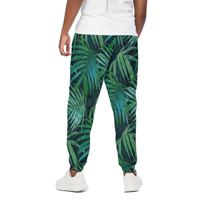 Dark Tropical Palm Leaves Pattern Print Cotton Pants