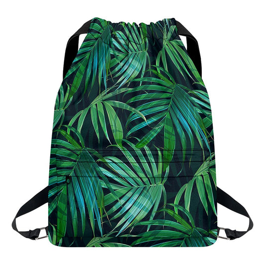 Dark Tropical Palm Leaves Pattern Print Drawstring Backpack