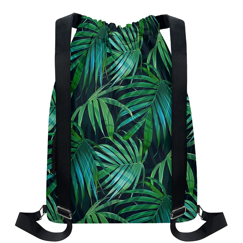 Dark Tropical Palm Leaves Pattern Print Drawstring Backpack