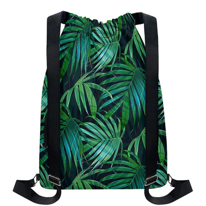 Dark Tropical Palm Leaves Pattern Print Drawstring Backpack