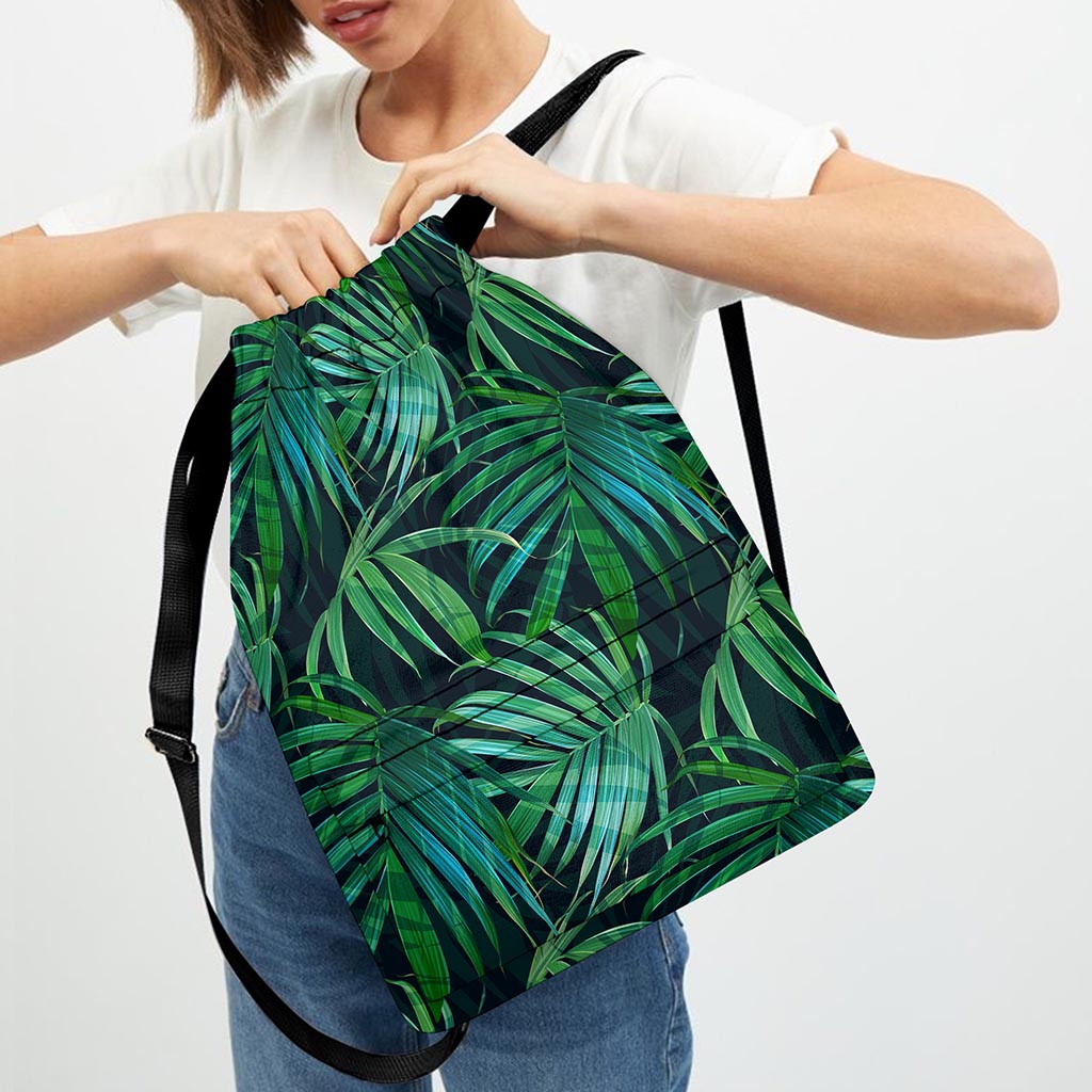 Dark Tropical Palm Leaves Pattern Print Drawstring Backpack