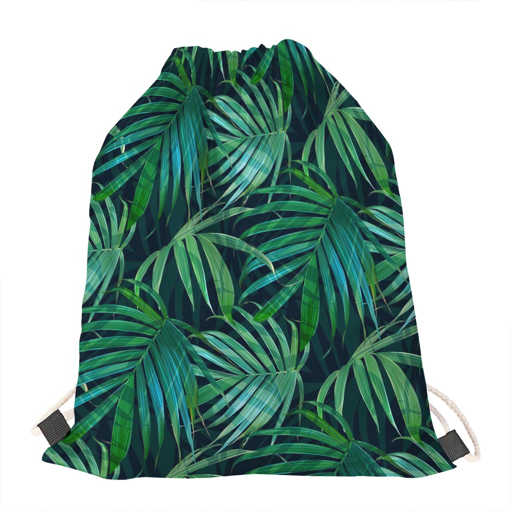 Dark Tropical Palm Leaves Pattern Print Drawstring Bag