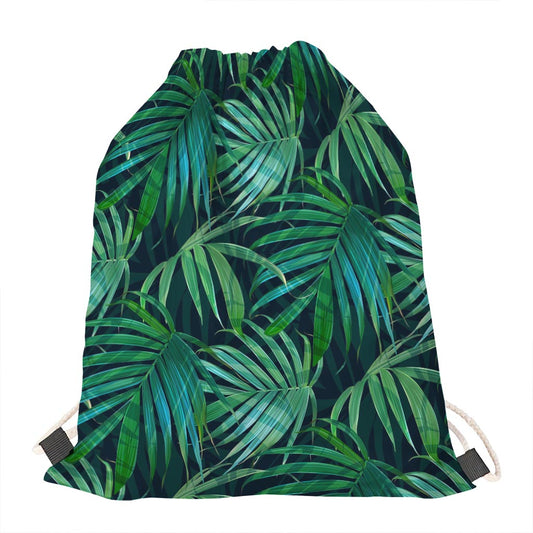 Dark Tropical Palm Leaves Pattern Print Drawstring Bag