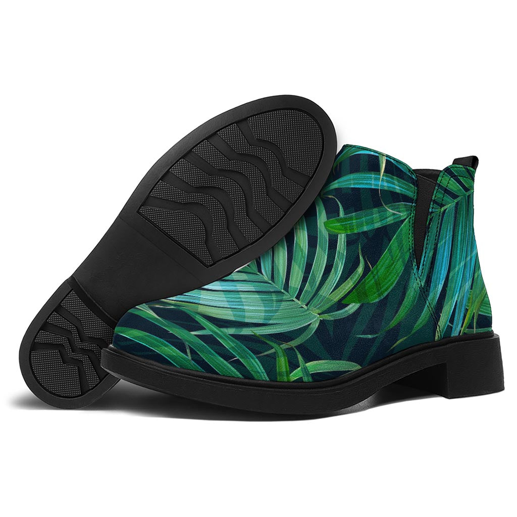 Dark Tropical Palm Leaves Pattern Print Flat Ankle Boots