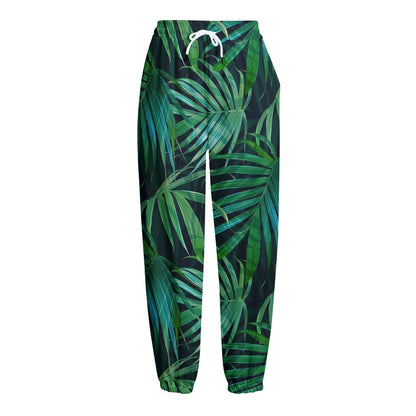 Dark Tropical Palm Leaves Pattern Print Fleece Lined Knit Pants