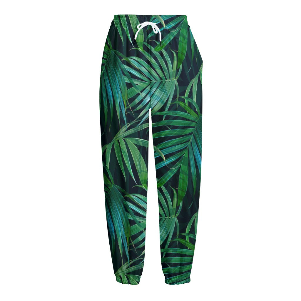 Dark Tropical Palm Leaves Pattern Print Fleece Lined Knit Pants