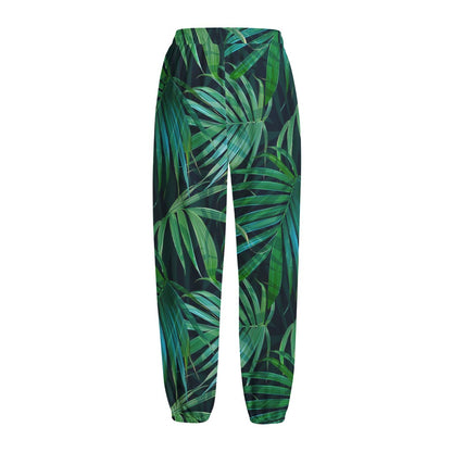 Dark Tropical Palm Leaves Pattern Print Fleece Lined Knit Pants
