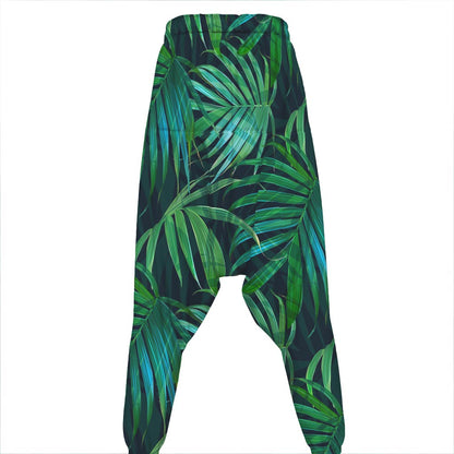Dark Tropical Palm Leaves Pattern Print Hammer Pants