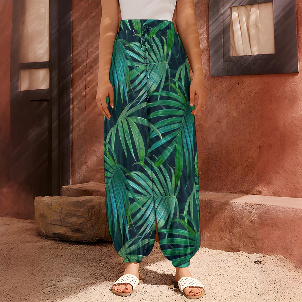 Dark Tropical Palm Leaves Pattern Print Harem Pants