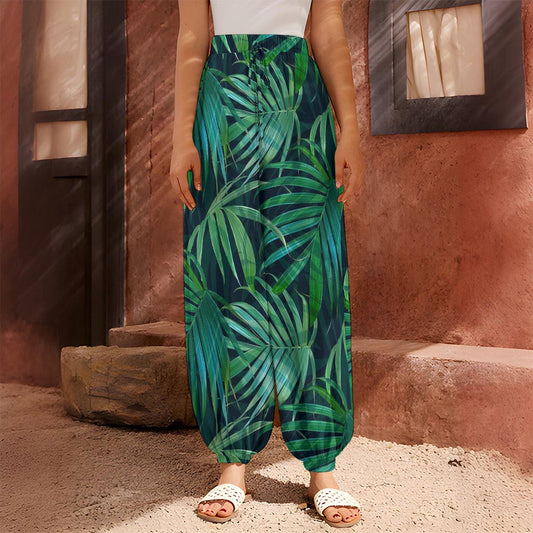 Dark Tropical Palm Leaves Pattern Print Harem Pants